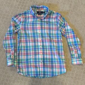Vineyard Vines Blue and Pink Plaid Button Down Shirt whale short Boy’s L